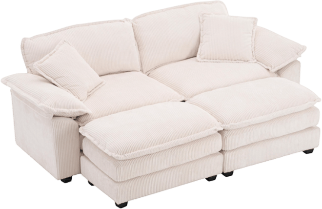 Corduroy 2-Seat Sofa with Pillows & Ottomans