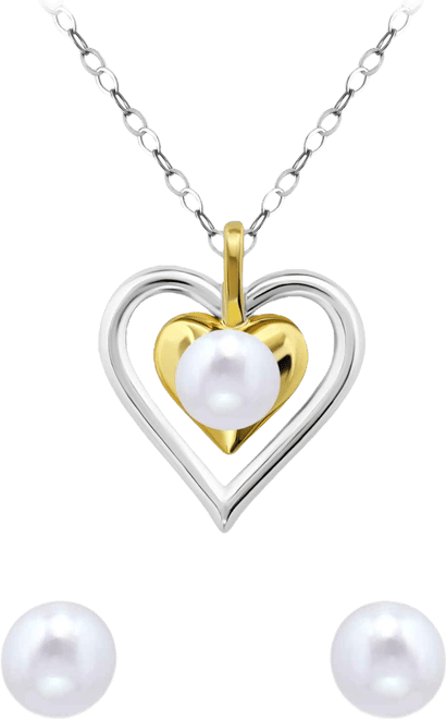 2-Pc. Two-Tone Freshwater Pearl Heart Pendant Necklace and Stud Earrings Set