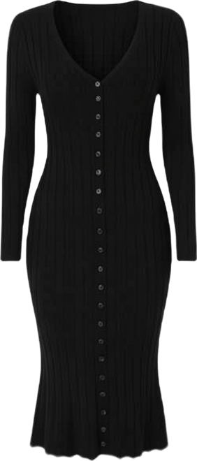 Womens Button Front V-Neck Sweater Midi Dress