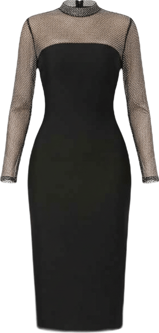 Women's Long Sleeve Midi Dress With Crystal Mesh Combo