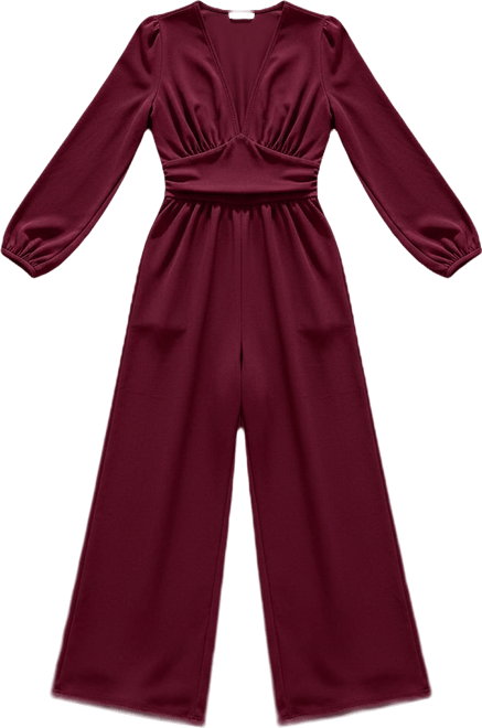Women's Plunging V-Neck Long Sleeve Wide-Leg Jumpsuit