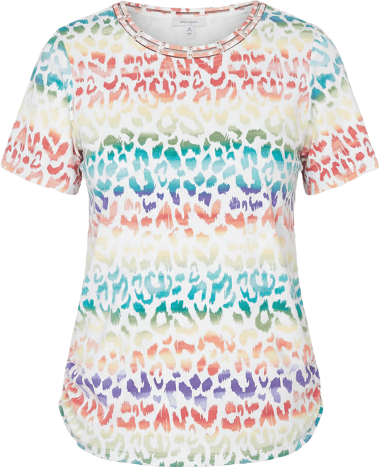 Women's Rainbow Animal Print Beaded Neck Ruched T-Shirt