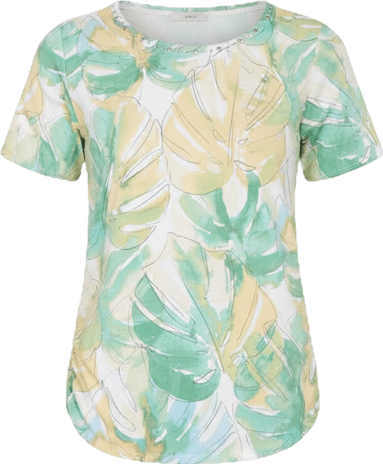 Women's Tropical Leaf Beaded Neck Ruched T-Shirt