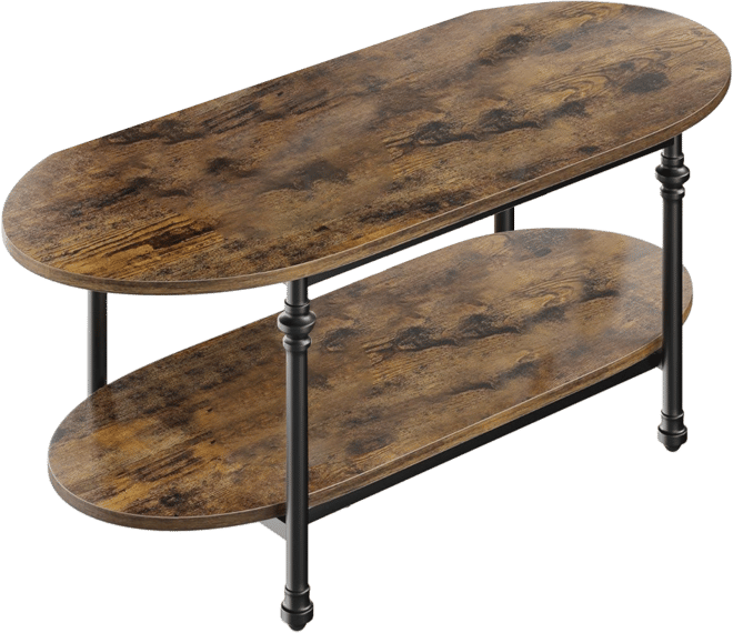 47.2" Wooden 2-Tier Cocktail Table, Roman Column Metal Legs Elegant Oval Coffee Table