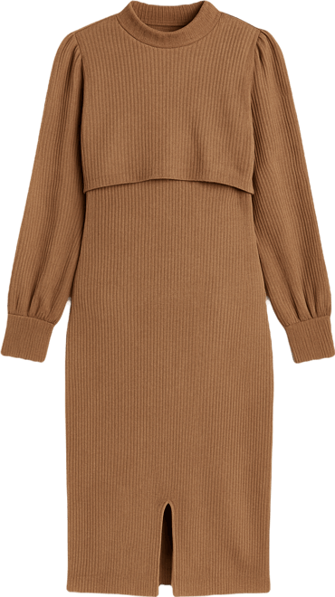 Maternity Double Layer Mock Neck Ribbed Nursing Dress
