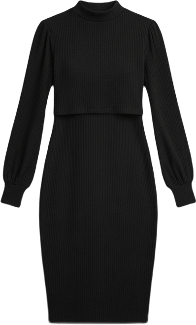 Maternity Double Layer Mock Neck Ribbed Nursing Dress