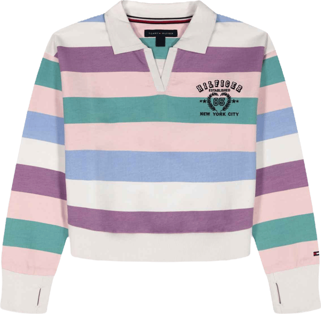 Girls' 7-16 Multi Stripe Johnny Collar Sweater