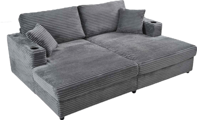 Oversized Corduroy Loveseat Chaise Lounge with Usb Ports, Cup Holders, and Pillows