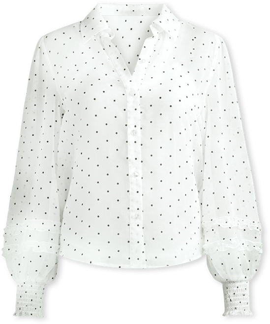 Junior's Flocked Dot Collared Long-Sleeve Top