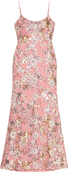 Juniors' Floral Sequin Scoop Neck Gown