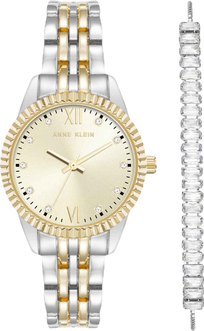Women's Quartz Crystal Accented Champagne Dial Round Two-Tone Alloy Metal Watch Set, 26mm