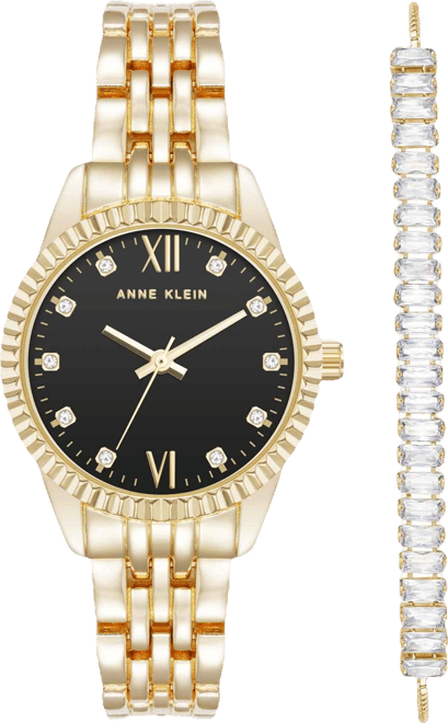 Women's Quartz Crystal Accented Black Dial Round Gold-Tone Alloy Metal Watch Set, 26mm