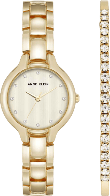Women's Quartz Crystal Accented Champagne Dial Gold-Tone Alloy Metal Watch Set, 28mm