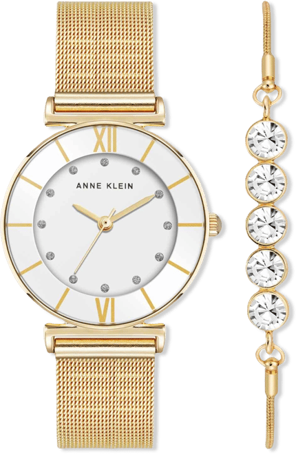 Women's Quartz Round Gold-Tone Stainless Steel Mesh Watch Set, 32mm