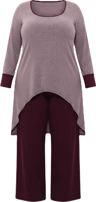 Plus Size Two Tone Scoop Neck Long Sleeve High Low Top and Pant Set