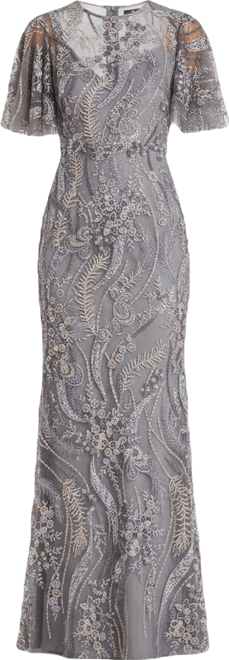 Women's High Neck Flutter Sleeve Floral Embroidered Gown