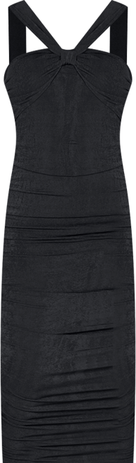 Women's Halter Cross Neck Ruched Bodycon Midi Dress