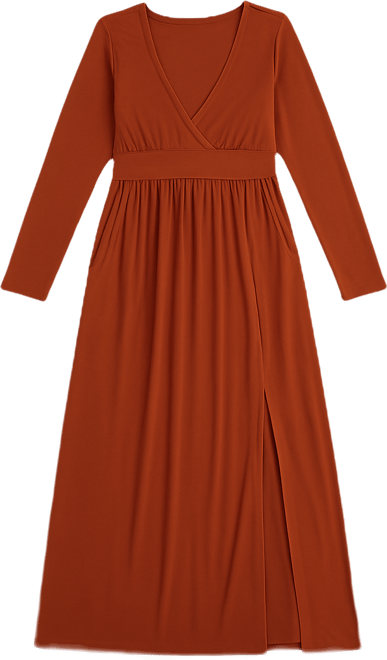 Women's Long Sleeve V-Neck Side Slit Maxi Dress