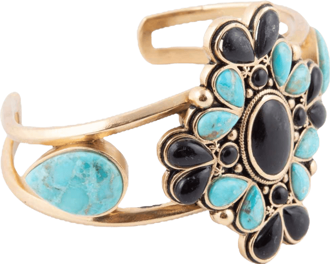 Barcelona Blue Turquoise Black Onyx Golden Cuff Bracelet
