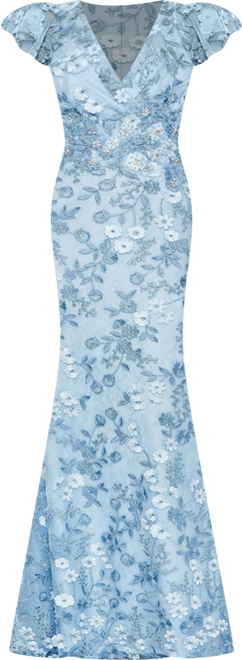 Women's Embroidered Applique Wrap Over Flutter Sleeve Gown