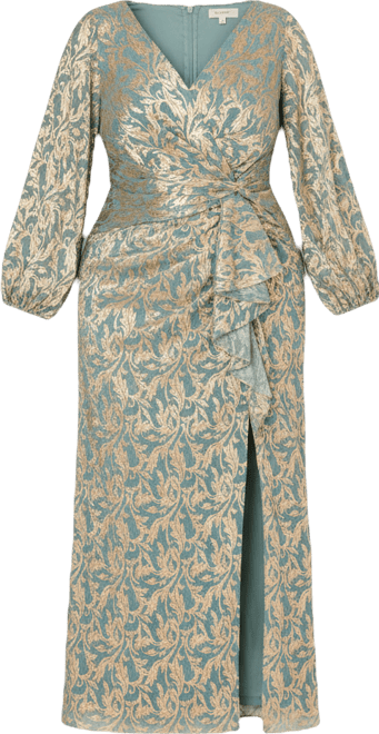 Plus Size Metallic Crinkle V-Neck Ball Gown