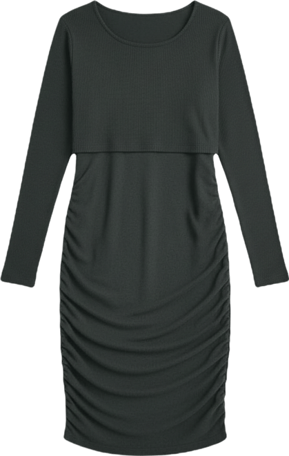 Maternity Long Sleeve Ribbed Side Ruched Nursing Dress