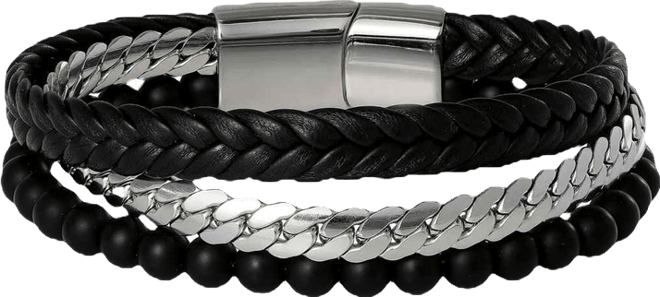 Men s 3 Row Leather, Chain & Bead Bracelet, Black, Magnetic Clasp