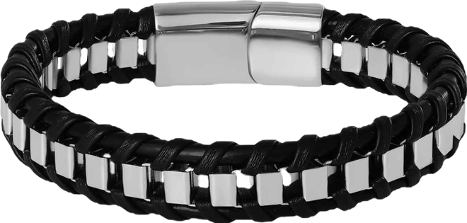 Men s Woven Leather & Stainless Link Bracelet, Magnetic Clasp