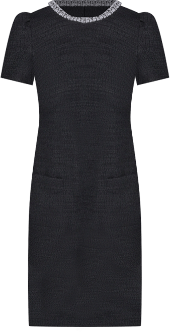 Knit Tweed Shift Dress with Crew Neckline Pearl Trim