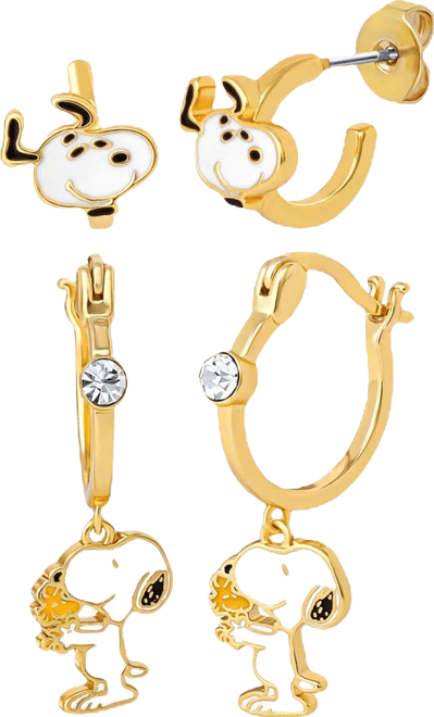 Snoopy Earring Set, 2-Pair, Gold-Tone Studs & Dangle Hoops