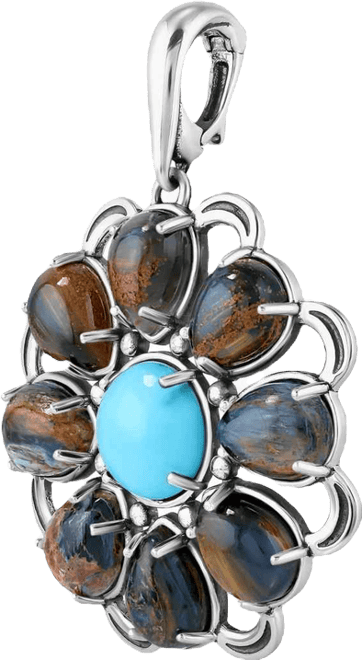 Sterling Silver Blue Pietersite and Kingman Turquoise Flower Pendant Enhancer