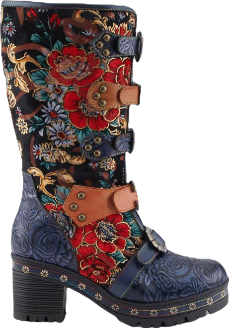 L Artiste Women s Brazen Mid-Shaft Boot with Embossed Floral Leather, Buckled Straps & Faux Fur Lining