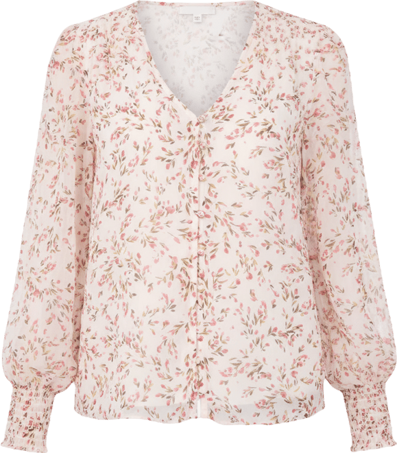 Women's V-Neck Button-Front Smocked-Shoulder Top