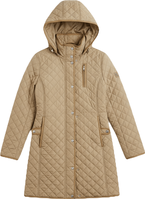 Womens Hooded Quilted Faux-Suede-Trim Coat