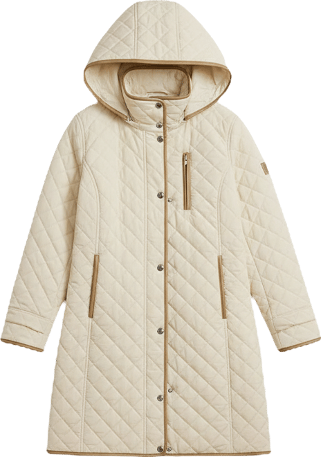 Womens Hooded Quilted Faux-Suede-Trim Coat