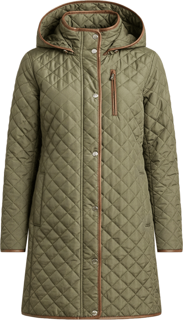 Womens Hooded Quilted Faux-Suede-Trim Coat