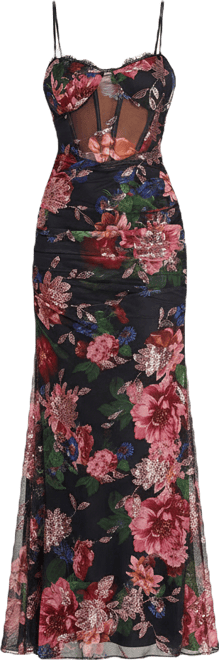 Juniors' Mesh Sequin Sweetheart Neck Gown