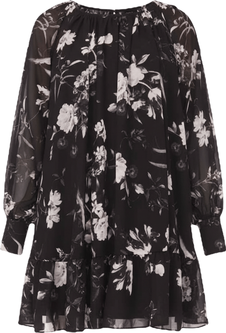 Petite Long-Sleeve Printed Short Shift Dress