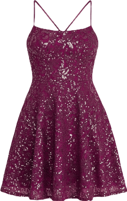 Juniors' Sequined Lace Fit & Flare Dress