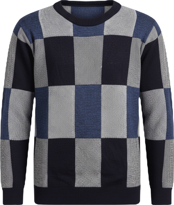 Men's Navy Blue Block-Check Pullover Sweater