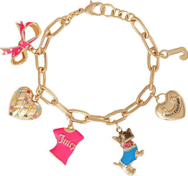 Pink and Gold Charm Bracelet with Bow, Dog, and Heart
