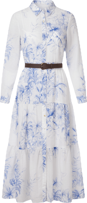 Women's Long-Sleeve Collared Tiered Skirt & Belt Dress