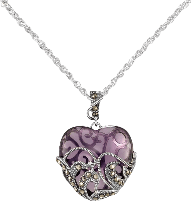 Marcasite Purple Glass (15 ct. t.w.) Heart Pendant Necklace in Sterling Silver