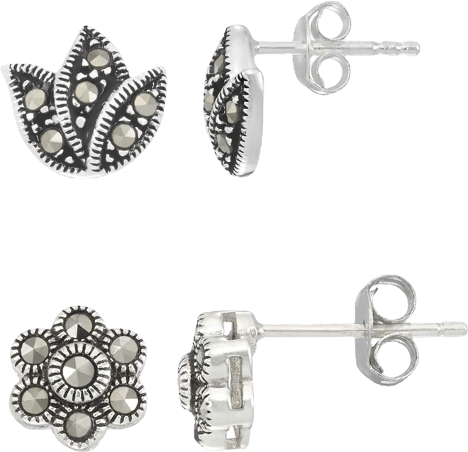 2-Pc. Marcasite Flower and Lotus Stud Earrings Set in Sterling Silver