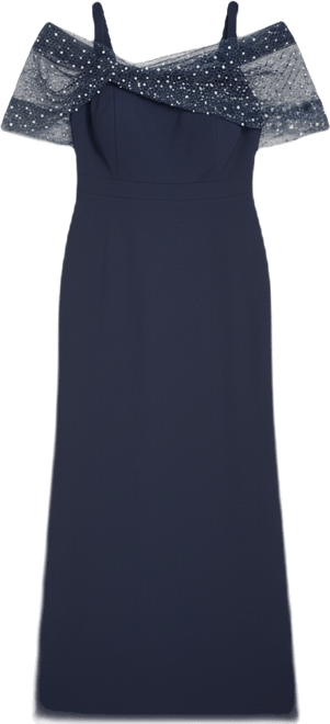 Plus Size Short-Sleeve Spaghetti Strap Beaded Twist Overlay Gown