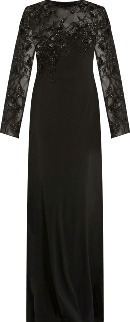 Women's Jersey Long Sleeve Fitted Gown With Floral Beading