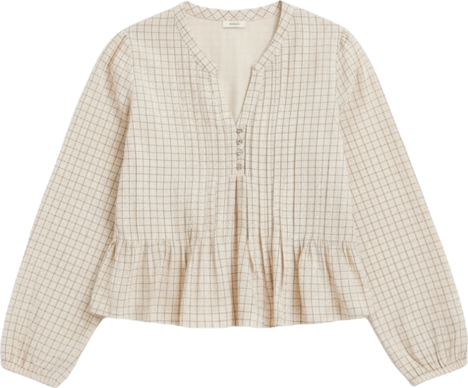 Women's Cotton Plaid Pintucked Long-Sleeve Top