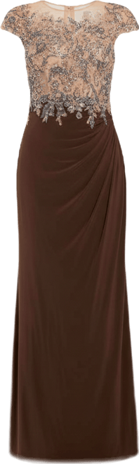 Women's Crystal-Embellished Jersey Evening Gown with Sheer Bodice