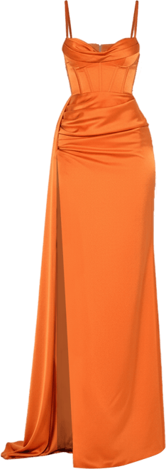 Women's Elayna Orange Strappy Satin Corset High Slit Gown