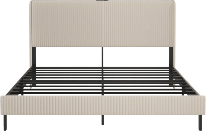 King Beige Platform Bed with Charging Station